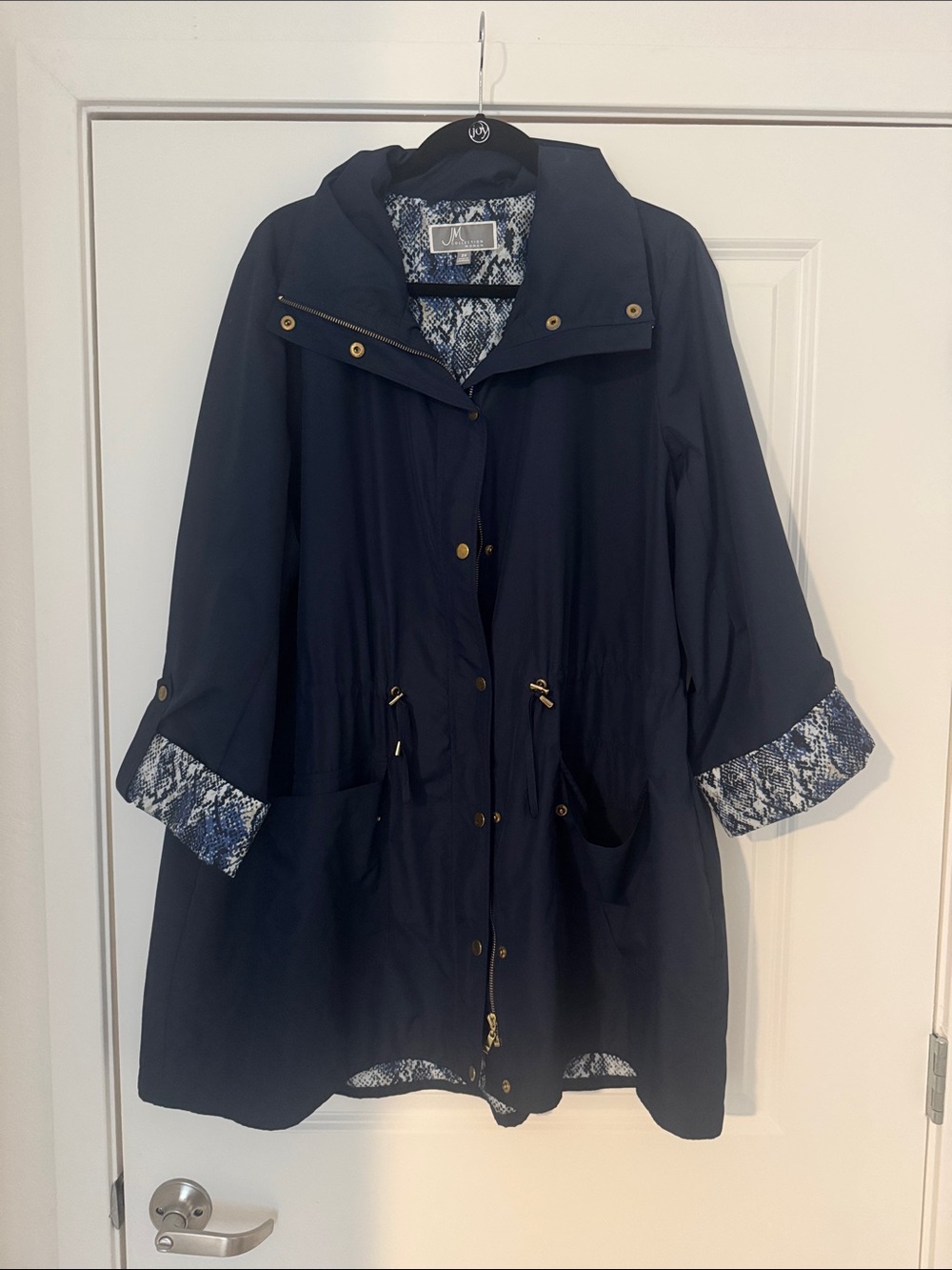 JM Collection Navy Hooded rain Coat with Patterned Lining sz Xxl